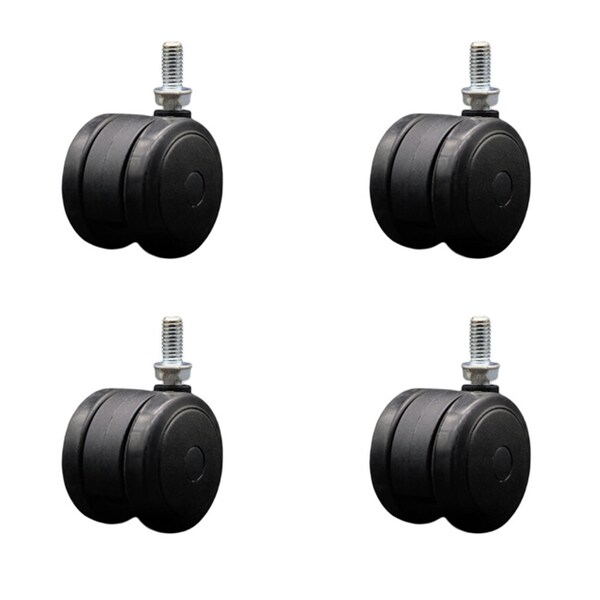 2'' Black Floor Safe Twin Wheel Casters 3/8 Threaded Stem , 4PK